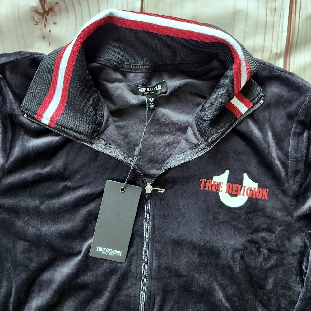 NWT True Religion "Velour World Tour Track Jacket" Black Graphic | Men's Size L - Picture 6 of 12